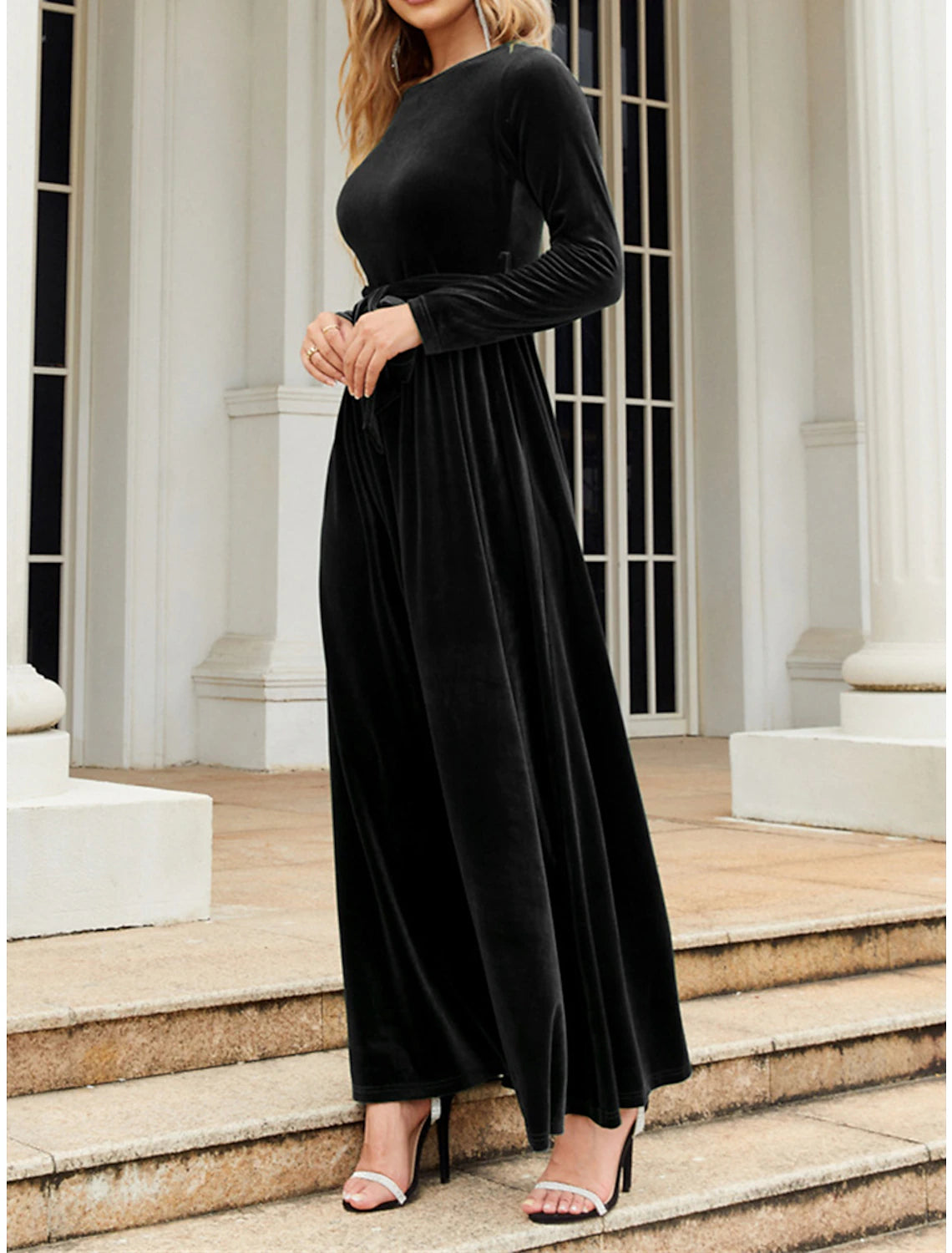 Women's Black Dress Velvet Dress Prom Dress Long Dress Maxi Dress Black Wine Blue Long Sleeve Pure Color Lace up Fall Winter Autumn Crew Neck Fashion Winter Dress Christmas Wedding Guest